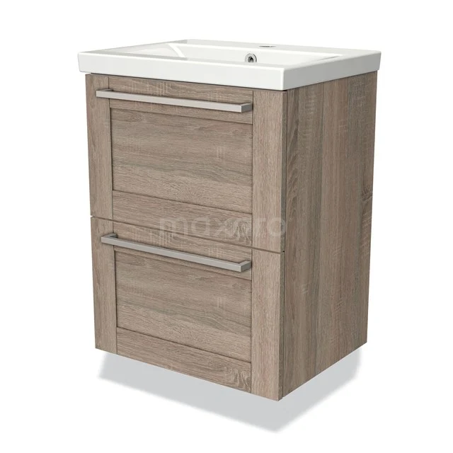 Holz Badezimmermöbel mit zwei Schubladen, Eiche-Look, einschließlich weißem Waschbecken, kompaktes Design für moderne Bäder.