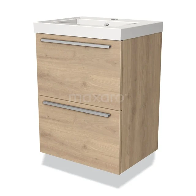 Holz Badezimmermöbel mit heller Eiche Oberflächenbehandlung, zwei Schubladen mit Metall Haltegriffen und einer weißen keramischen Waschtischplatte.