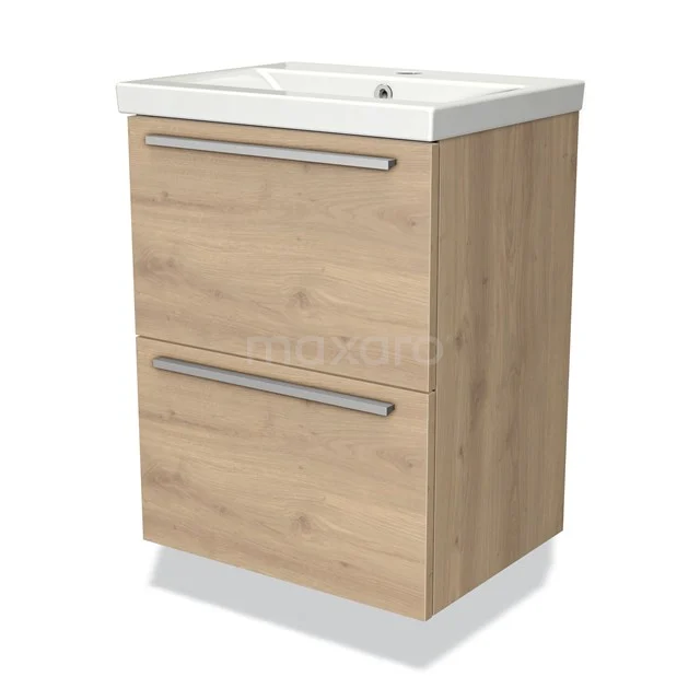 Wooden bathroom unit with two drawers, finish in light oak look, including white vanity units with basin and slim metal handles.