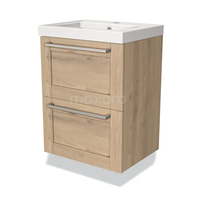 Wooden bathroom unit with two drawers, white vanity units with basin and chrome handles, ideal for modern bathroom design.
