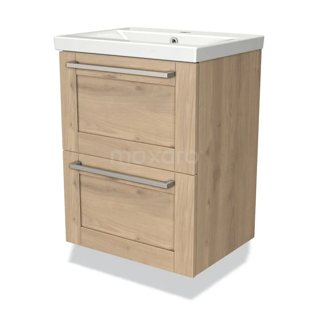 Wooden bathroom unit with two drawers, light oak colour, built-in white basin, ideal for a modern bathroom.