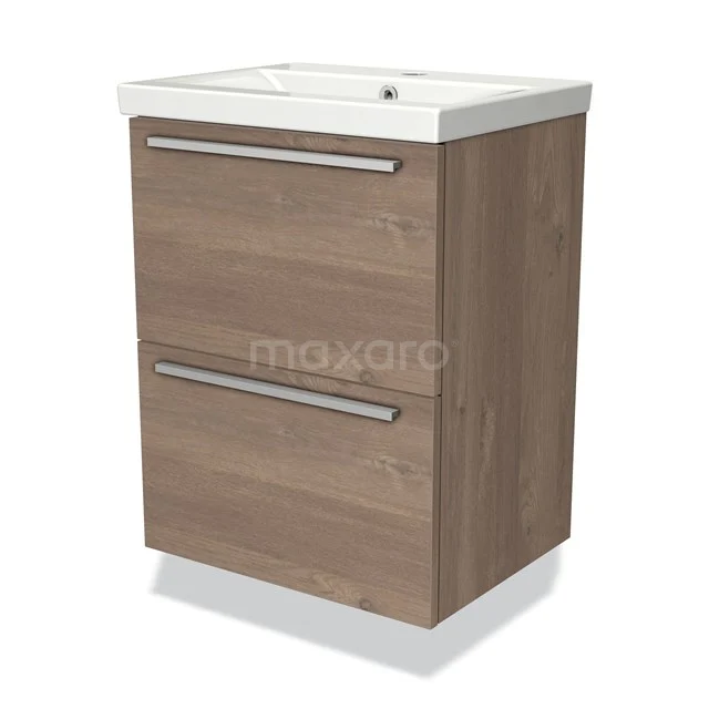 Holz-Badmöbel mit Waschbecken, modernes Design, zwei Schubladen mit silbernen Griffen, ideal für ein stilvolles Badezimmer.