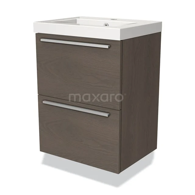 Modulo Slim Bathroom furniture with sink | 50 cm Dark brown oak Flat front Mineral marble 2 Stacked drawers BMW37-00053 Wooden bathroom unit with two drawers and white ceramic basin, compact design, ideal for modern bathrooms.