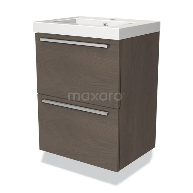 Wooden bathroom unit with two drawers and white ceramic basin, compact design, ideal for modern bathrooms.