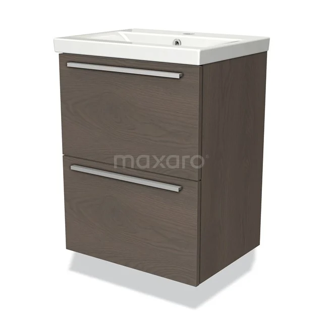 Modern bathroom unit with 2 drawers, wood-look brown finish, white ceramic basin and sleek metal handles.