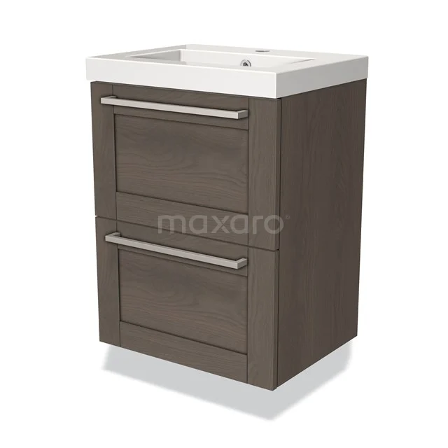 Holz Badezimmermöbel mit dunkler Eiche Oberfläche, zwei Schubladen und einem weißen keramischen Waschbecken. Modernes Design für jedes Badezimmer.