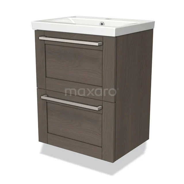 Modulo Slim Bathroom furniture with sink | 50 cm Dark brown oak Frame front Ceramic 2 Stacked drawers BMW37-00056 Brown wooden Bathroom cabinet with two drawers and an integrated white basin, ideal for stylish and practical bathroom storage.