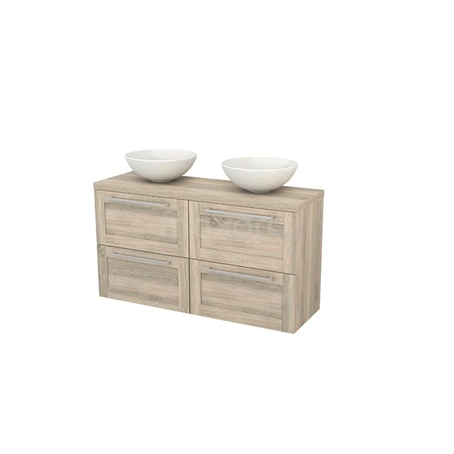 Bathroom unit wood-look with double basins, light oak finish and four drawers, ideal for a modern bathroom.