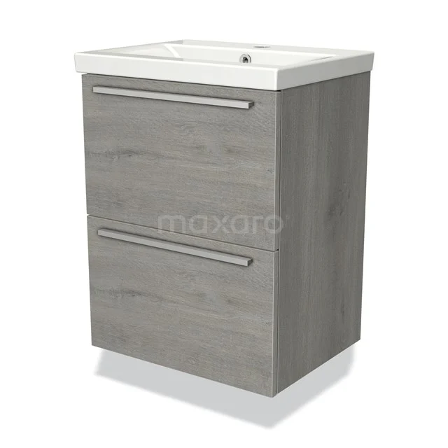 Modulo Slim Waschtische | 50 cm Graue Eiche Flach front Keramik 2 übereinanderliegende Schubladen BMW37-00058 Graue Holz-Badmöbelset mit Waschbecken, zwei Schubladen und modernen Haltegriffen, perfekt für stilvolle Badezimmergestaltung.