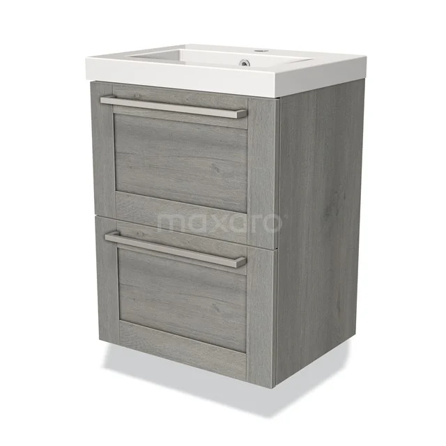 Kompakte Holz-Badezimmermöbel, graue Eiche, mit zwei Soft-Close-Schubladen und weißem keramischen Waschbecken. Modernes Design.
