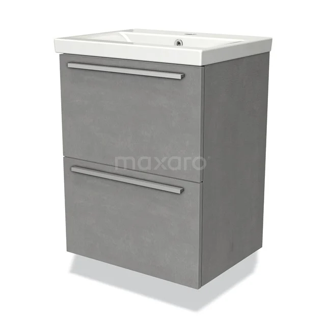Grey bathroom cabinet with two drawers, modern design, with white ceramic basin; ideal for stylish bathroom storage.