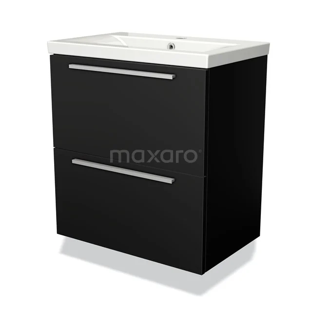 Black bathroom cabinet with two drawers, chrome handles and ceramic basin. Modern design and practical storage space.