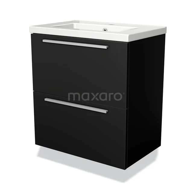 Modulo Slim Vanity units with basin | 60 cm Matte black Flat front Ceramic 2 Stacked drawers BMW37-00067 Black bathroom furniture set with integrated basin, two wide drawers and sleek stainless steel handles. Perfect for modern bathrooms.
