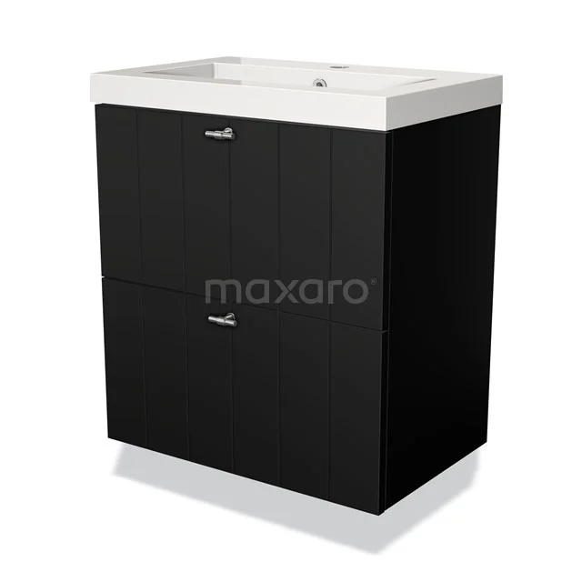 Black wooden bathroom cabinet with two drawers and white ceramic sink, ideal for modern and luxurious bathroom design.