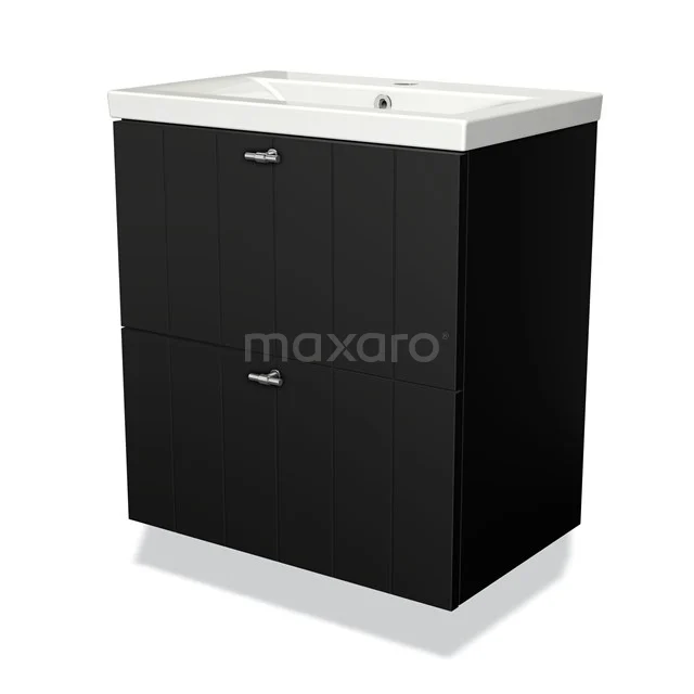 Modulo Slim Bathroom furniture with sink | 60 cm Matte black Slat front Ceramic 2 Stacked drawers BMW37-00069 Black wooden bathroom unit with two drawers, built-in white vanity units with basin and sleek design, ideal for a modern bathroom.