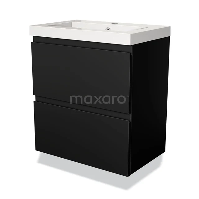 Black bathroom unit with two drawers and white basin worktop, modern design, ideal for sleek and stylish bathrooms.