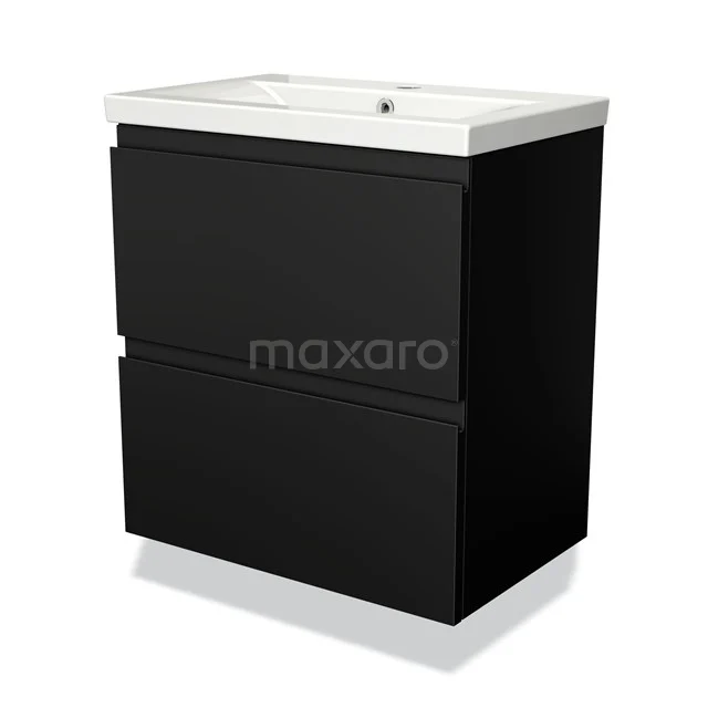 Modulo Slim Vanity units with basin | 60 cm Matte black Handle-less front Ceramic 2 Stacked drawers BMW37-00072 Black bathroom furniture set with ceramic basin, two handleless drawers, sleek design and glossy finish for modern bathrooms.
