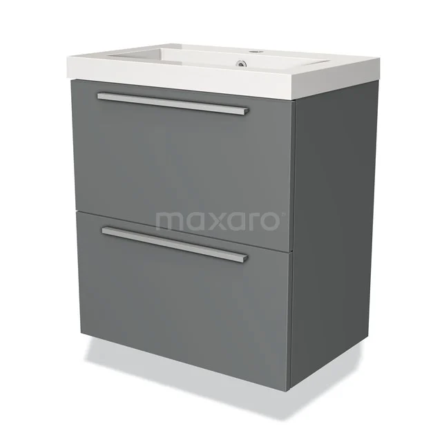 Grey hanging bathroom furniture set with two drawers, white ceramic basin and sleek handle, modern and functional design.