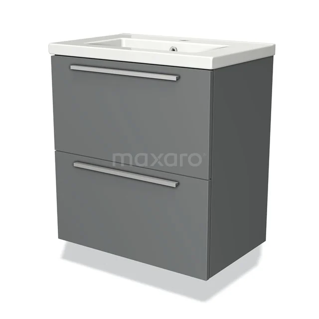 Grey bathroom furniture set with two drawers, modern design and ceramic basin, perfect for stylish bathroom storage.