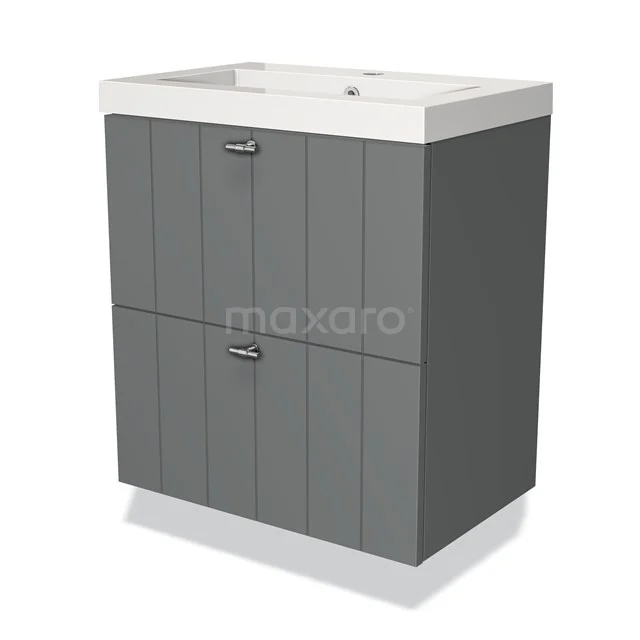 Modulo Slim Vanity units with basin | 60 cm Mid grey Slat front Mineral marble 2 Stacked drawers BMW37-00077 Grey bathroom cabinet with double drawers, white ceramic basin and modern vertical lines for a stylish bathroom.