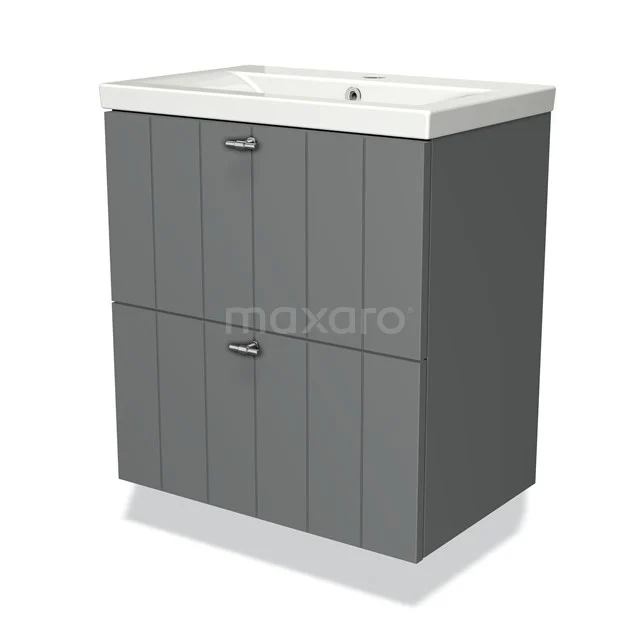 Grey wooden vanity set with sink, two drawers and modern panels, ideal for a stylish and practical bathroom.