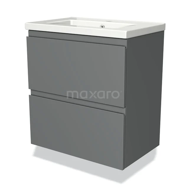 Modulo Slim Waschtische | 60 cm Mittelgrau Grifflos front Keramik 2 übereinanderliegende Schubladen BMW37-00082 Graue Badmöbelset mit zwei Softclose-Schubladen und keramischem Waschbecken, modernes Design, ideal für kompakte Bäder.