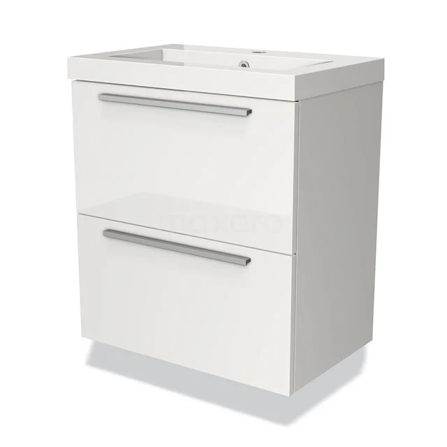 Weißes Badezimmermöbel mit zwei Schubladen, glänzender Oberfläche und verchromten Haltegriffen, ideal für einen modernen Badezimmerstil.