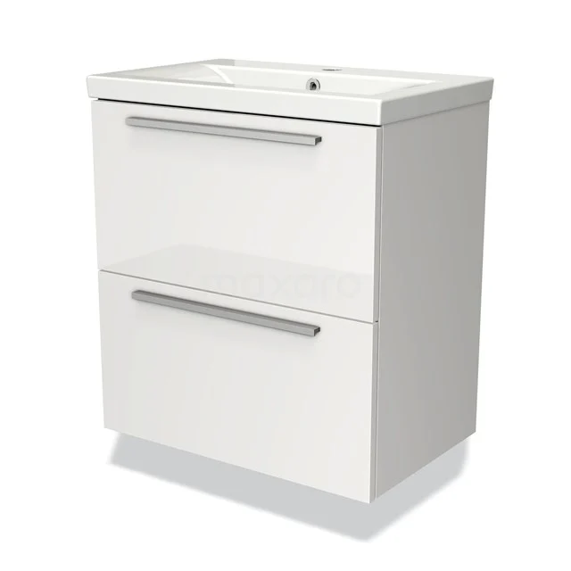 White bathroom unit with two drawers, sleek handles and integrated basin, ideal for modern bathroom storage.