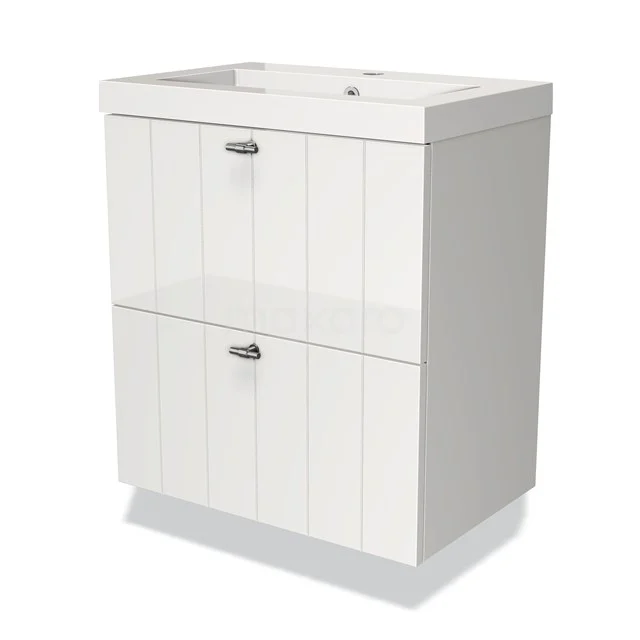 White bathroom furniture set with two drawers, sleek panels and chrome handles, ideal for a modern bathroom design.