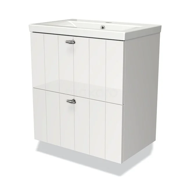 Modulo Slim Bathroom furniture with sink | 60 cm High-gloss white Slat front Ceramic 2 Stacked drawers BMW37-00087 White bathroom cabinet with two handleless drawers, modern panel design and a built-in basin.