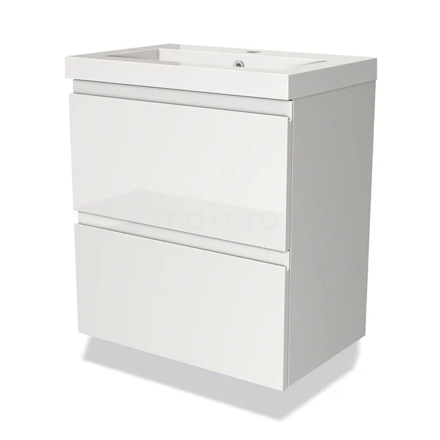 White bathroom furniture set with two soft-close drawers, glossy finish and ceramic Basin, ideal for modern bathrooms.