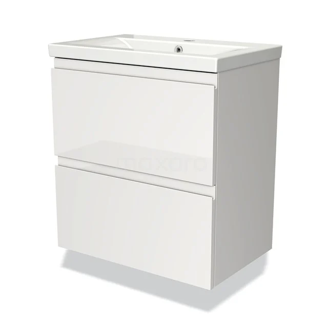 High-gloss white bathroom unit with two drawers, rectangular design, ideal for modern bathrooms, fitted with ceramic basin.