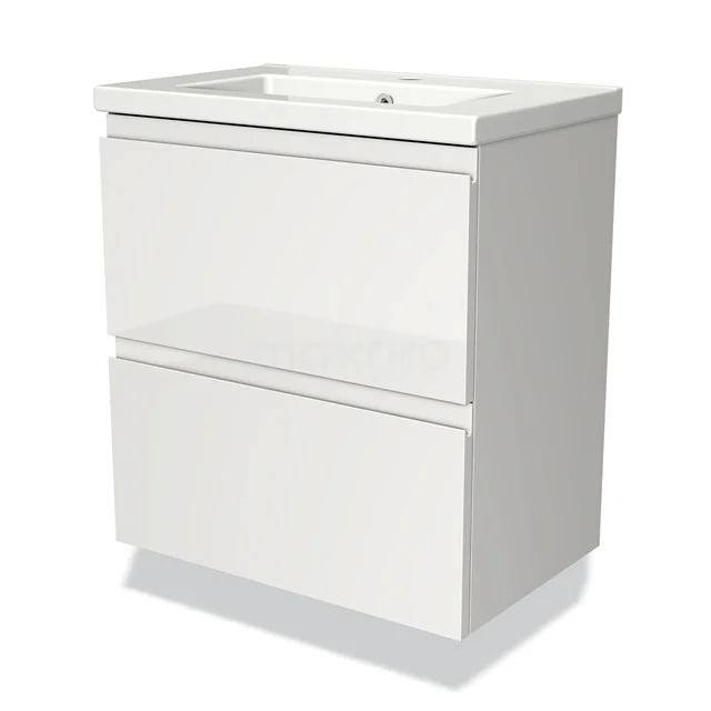 Modulo Slim Vanity units with basin | 60 cm High-gloss white Handle-less front Ceramic 2 Stacked drawers BMW37-00091 White bathroom unit with two drawers, modern design, high-gloss finish, ideal for compact bathrooms.