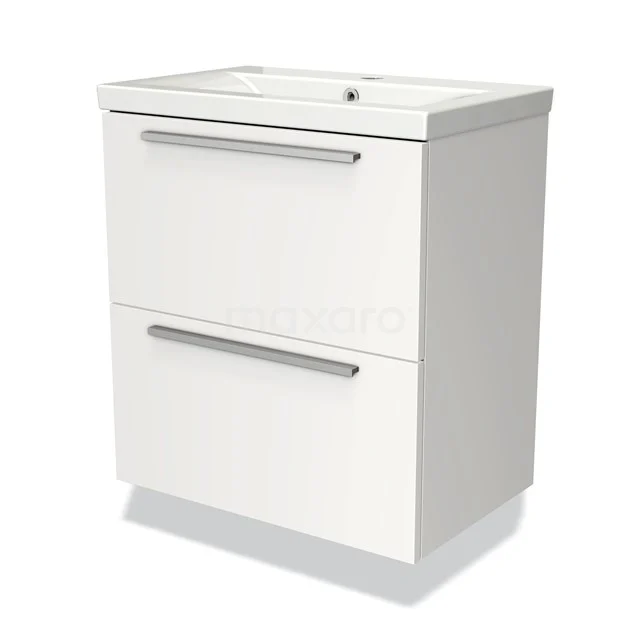 White bathroom furniture set with two soft-close drawers, sleek design and metal handles, ideal for a modern bathroom.