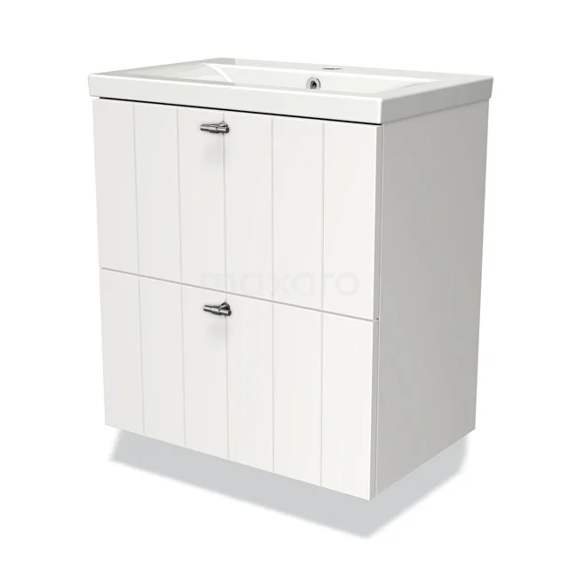 White bathroom unit with two drawers and horizontal groove details, ideal for storage in a modern bathroom.