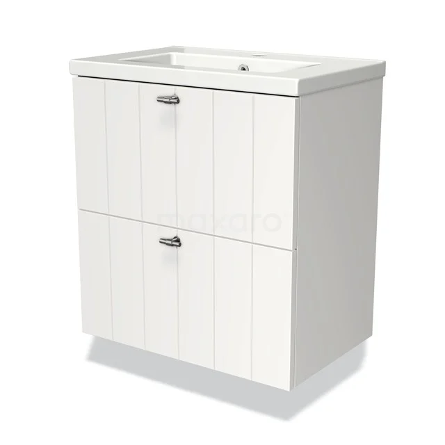 White bathroom unit with two drawers, vertical grooves and integrated vanity units with basin, ideal for modern bathrooms.