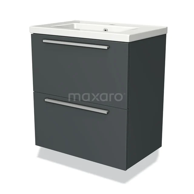 Modulo Slim Vanity units with basin | 60 cm Dark grey Flat front Ceramic 2 Stacked drawers BMW37-00103 Dark grey bathroom furniture set with two drawers and a white ceramic basin, sleek design for modern bathrooms.