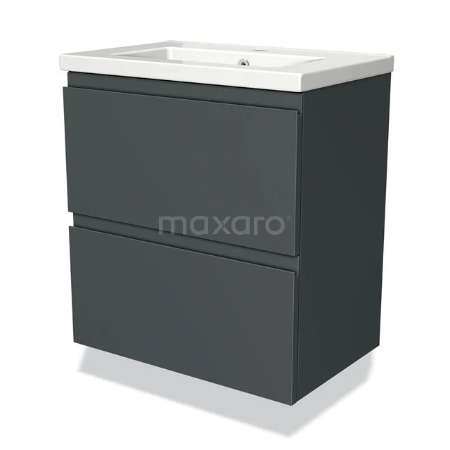 Dark grey bathroom cabinet with two drawers, ceramic basin and sleek design for modern bathroom fittings.
