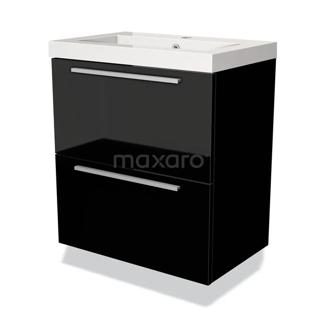 Schwarz glänzendes Badmöbel mit zwei Schubladen, chromatischen Haltegriffen und weißem keramischen Waschbecken, moderner Stil.