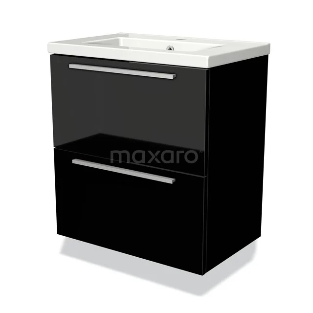 Modulo Slim Vanity units with basin | 60 cm High-gloss black Flat front Ceramic 2 Stacked drawers BMW37-00112 Black bathroom cabinet with white basin worktop, glossy finish, sleek metal handles, ideal for modern bathrooms.