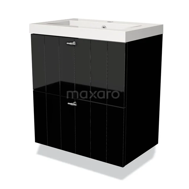 Black glossy vanity set with ceramic sink, compact design, ideal for modern bathrooms.