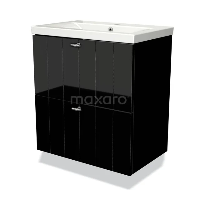 Modulo Slim Waschtische | 60 cm Hochglanz Schwarz Lamelle front Keramik 2 übereinanderliegende Schubladen BMW37-00114 Schwarz Badmöbel mit glänzender Oberfläche, zwei Schubladen und integriertem weißen Waschbecken, modernes Design.