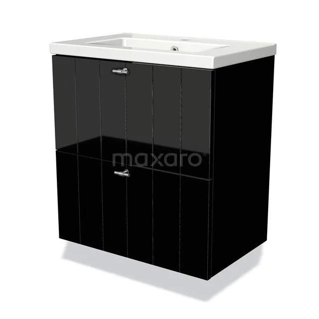 Modulo Slim Waschtische | 60 cm Hochglanz Schwarz Lamelle front Keramik 2 übereinanderliegende Schubladen BMW37-00115 Schwarz glänzendes Badmöbel mit zwei Schubladen, weißer keramischer Waschtischplatte, modernes Design, ideal für kompakte Bäder.