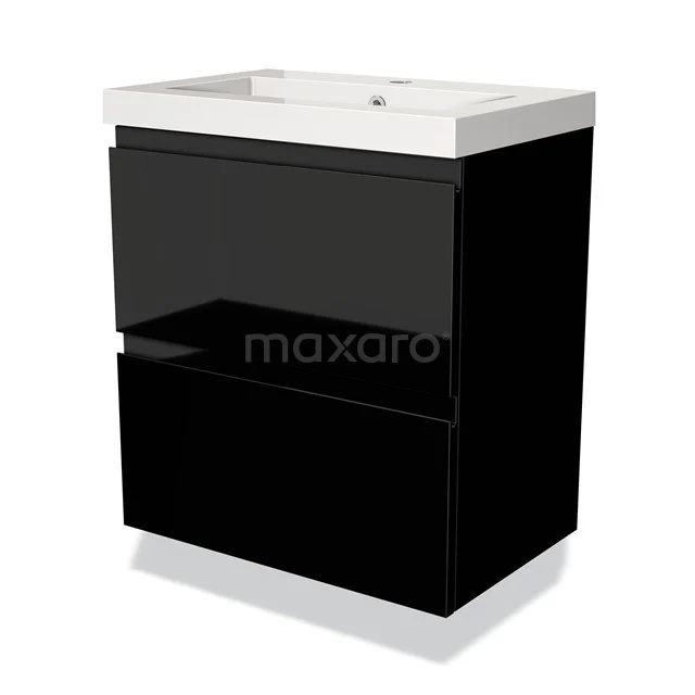 Schwarzer Badschrank mit Hochglanzoberfläche, zwei Schubladen und weißem Keramikwaschbecken; modernes und kompaktes Design.