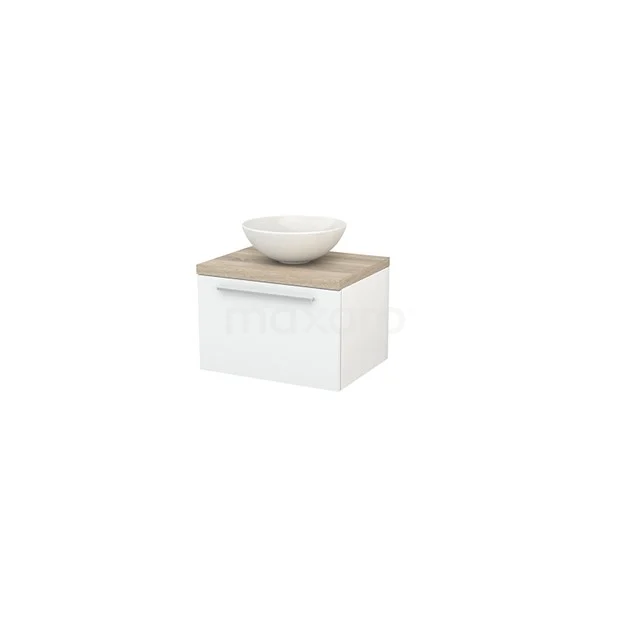 White hanging bathroom unit with wood-look worktop and ceramic bowl, compact design, ideal for small bathrooms.