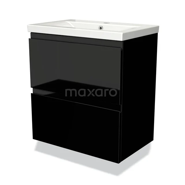 Modulo Slim Bathroom furniture with sink | 60 cm High-gloss black Handle-less front Ceramic 2 Stacked drawers BMW37-00117 Black glossy bathroom unit with two drawers and a white ceramic basin, modern design of the LuxeLine series.