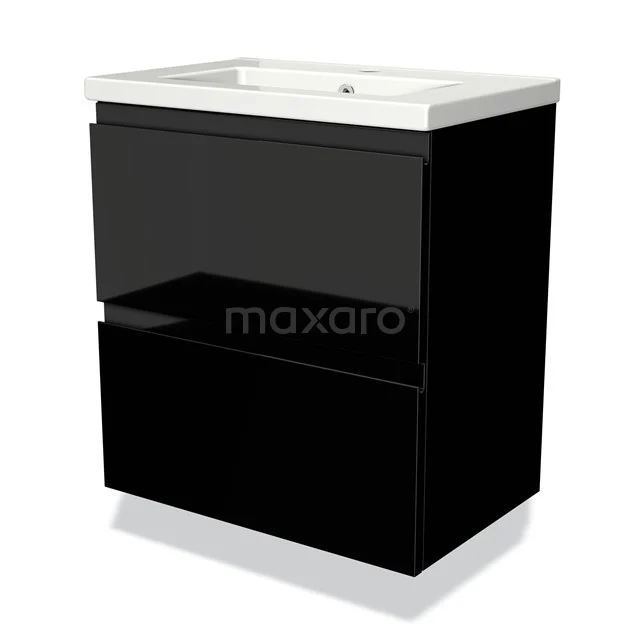 Black bathroom unit with two soft-close drawers, glossy finish and built-in white vanity units with basin made of ceramic.