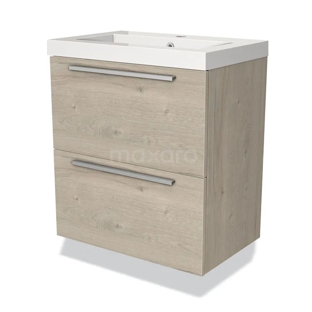 Wooden bathroom unit with two drawers, light oak finish and ceramic basin, ideal for modern bathroom storage.