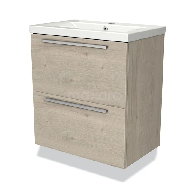 Wooden bathroom unit with two drawers, natural oak colour and chrome handles, including white ceramic basin.