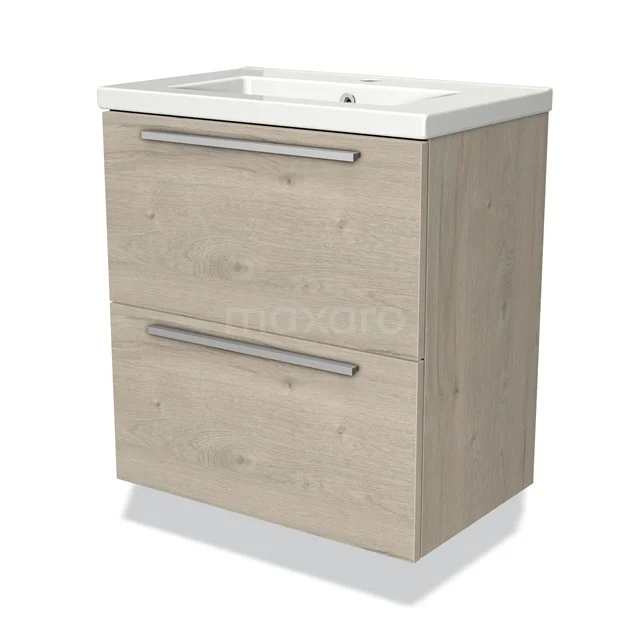Wooden bathroom unit with wood grain, light oak colour, two drawers with metal handles and white ceramic sink.